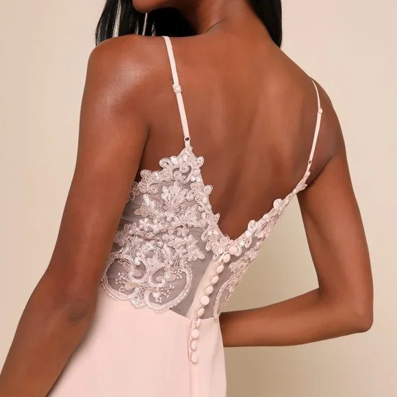 Lulu's Romantic Ways Blush Pink Lace Button Back Maxi Dress Lulu's Romantic Ways Blush Pink Lace Button Back Maxi Dress
